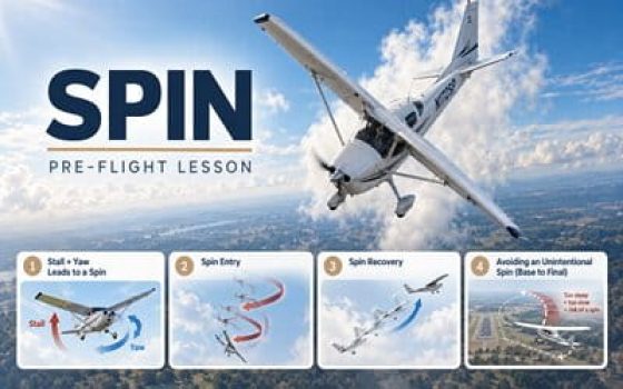 Cessna 172 in a spin with lesson thumbnails showing spin theory, spin entry, spin recovery, and avoiding an unintentional spin