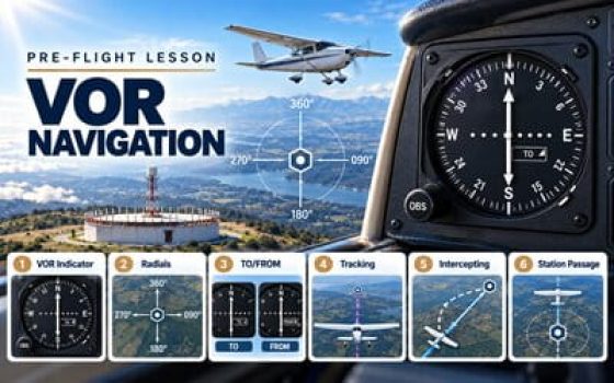 VOR navigation pre-flight lesson featuring a VOR indicator, aircraft, radials, TO/FROM indications, tracking and course interception
