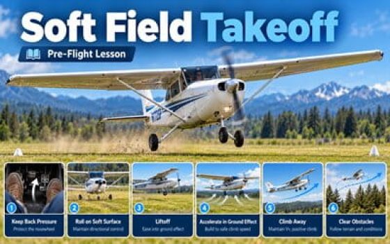 Soft field takeoff showing an airplane lifting off from a soft runway