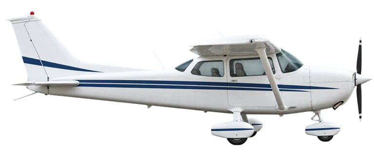 White Cessna 172 with blue stripes, viewed from the left side, nose pointing right