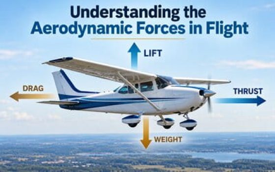 Single-engine airplane showing the four forces of flight: lift upward, weight downward, thrust forward, and drag backward.